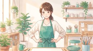 作業中に腰に手を当てて心配そうな女性のイラスト