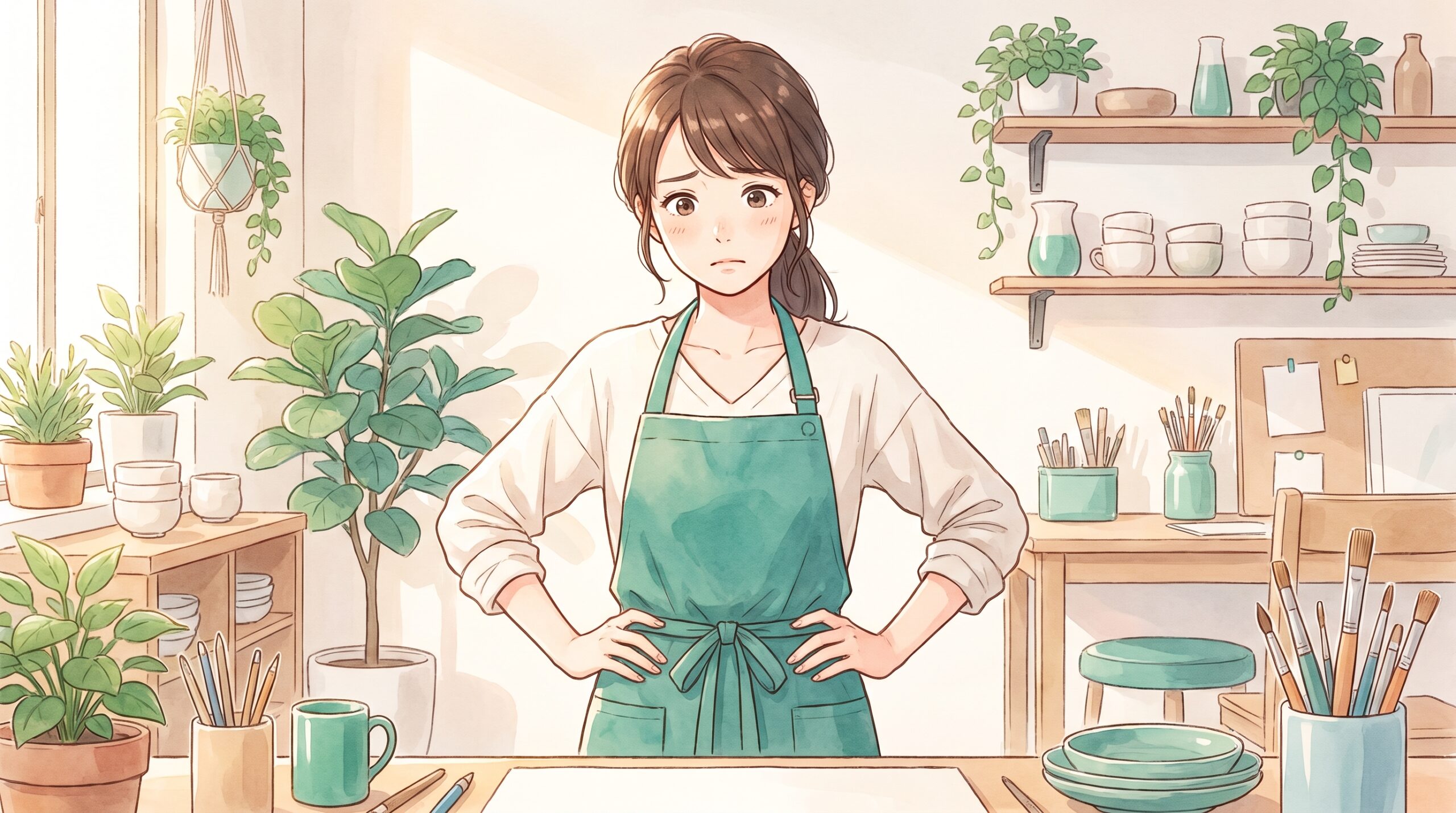 作業中に腰に手を当てて心配そうな女性のイラスト