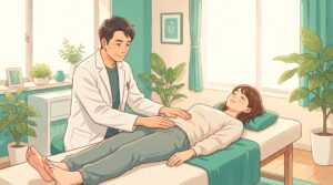施術者が女性患者のお腹に服の上からやさしく手を当てているイラスト