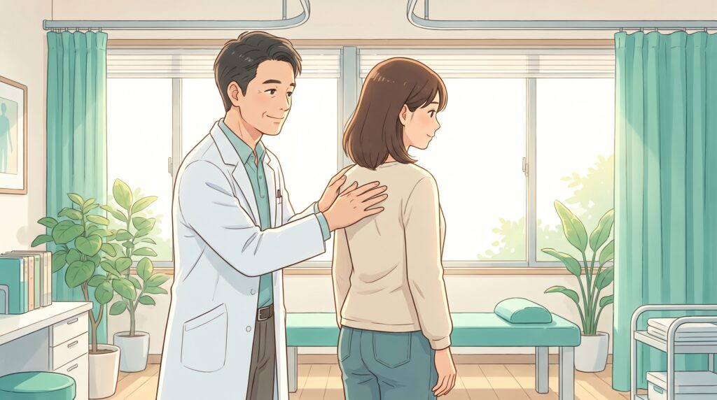 施術者が女性患者の姿勢の歪みを検査しているイラスト