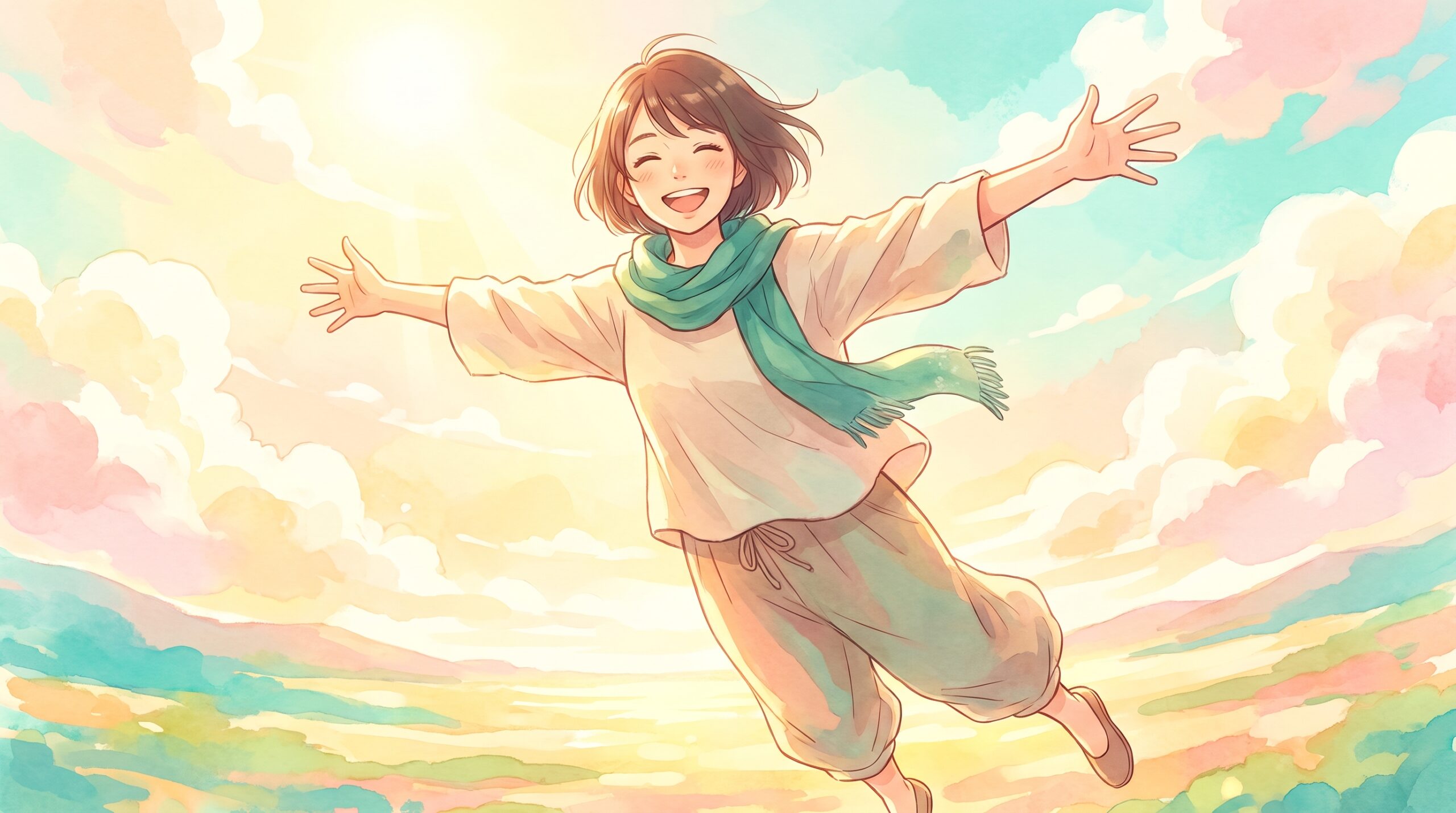 両手を広げて晴れやかな笑顔の女性のイラスト