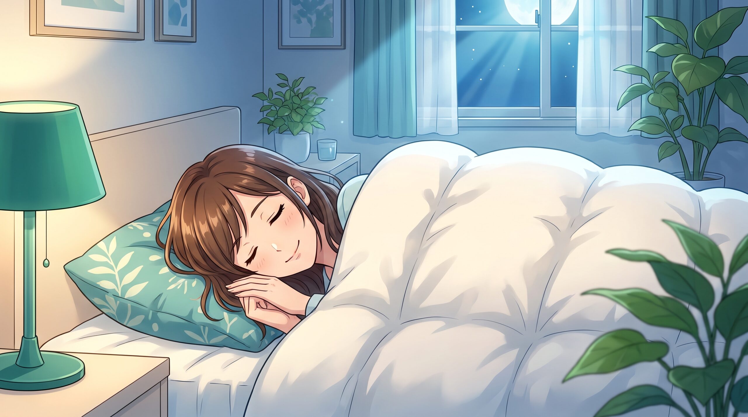 布団でゆっくり眠る女性のイラスト
