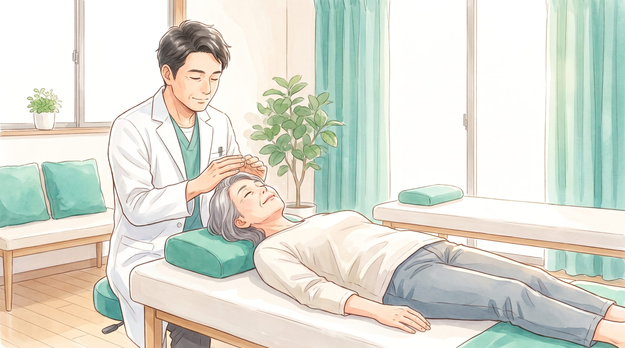 施術者が女性患者の頭の上に両手をかざしてエネルギーを整えているイラスト