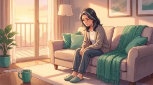 ソファでうつむいて気分が沈んでいる女性のイラスト