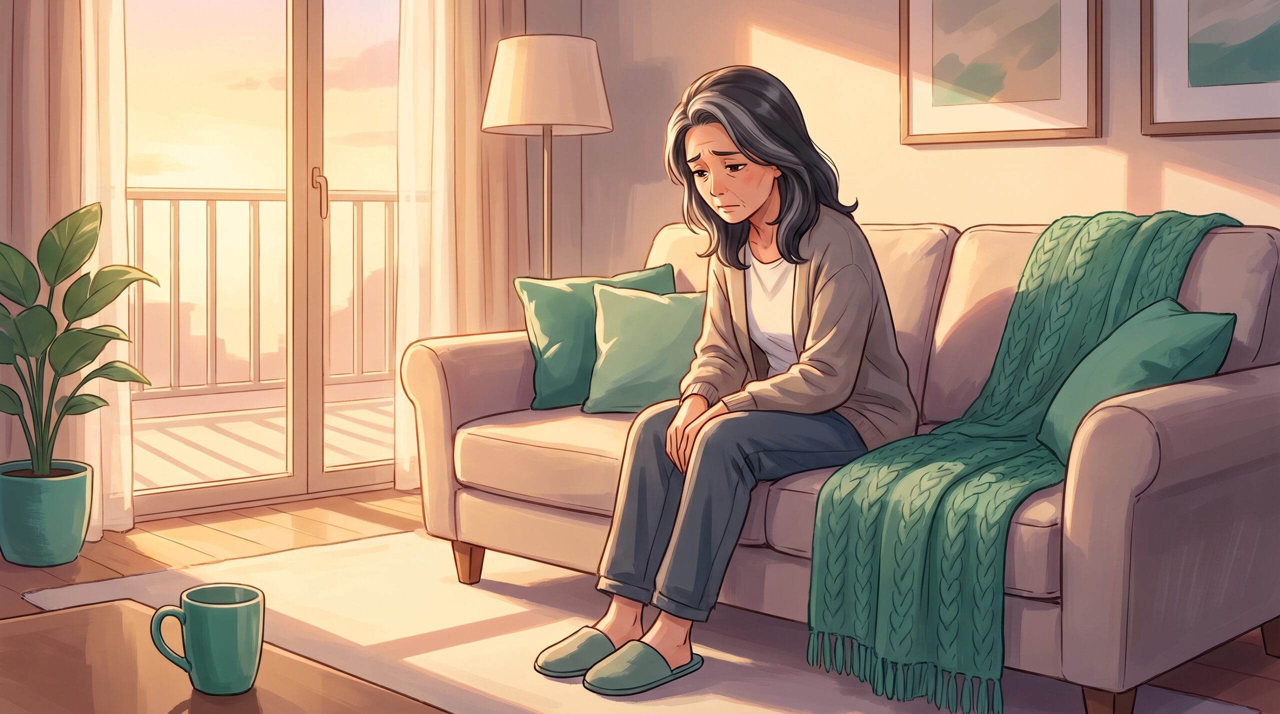 ソファでうつむいて気分が沈んでいる女性のイラスト