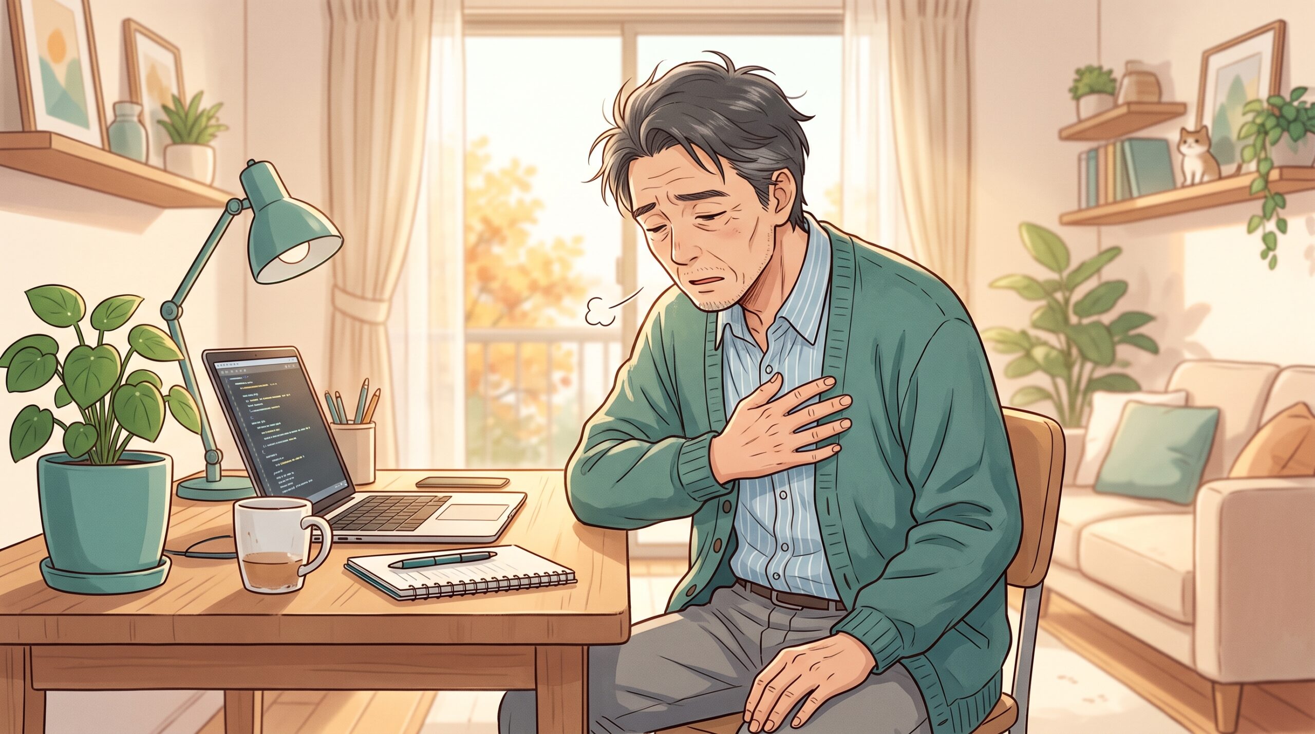 猫背になり浅い呼吸で疲れている男性のイラスト