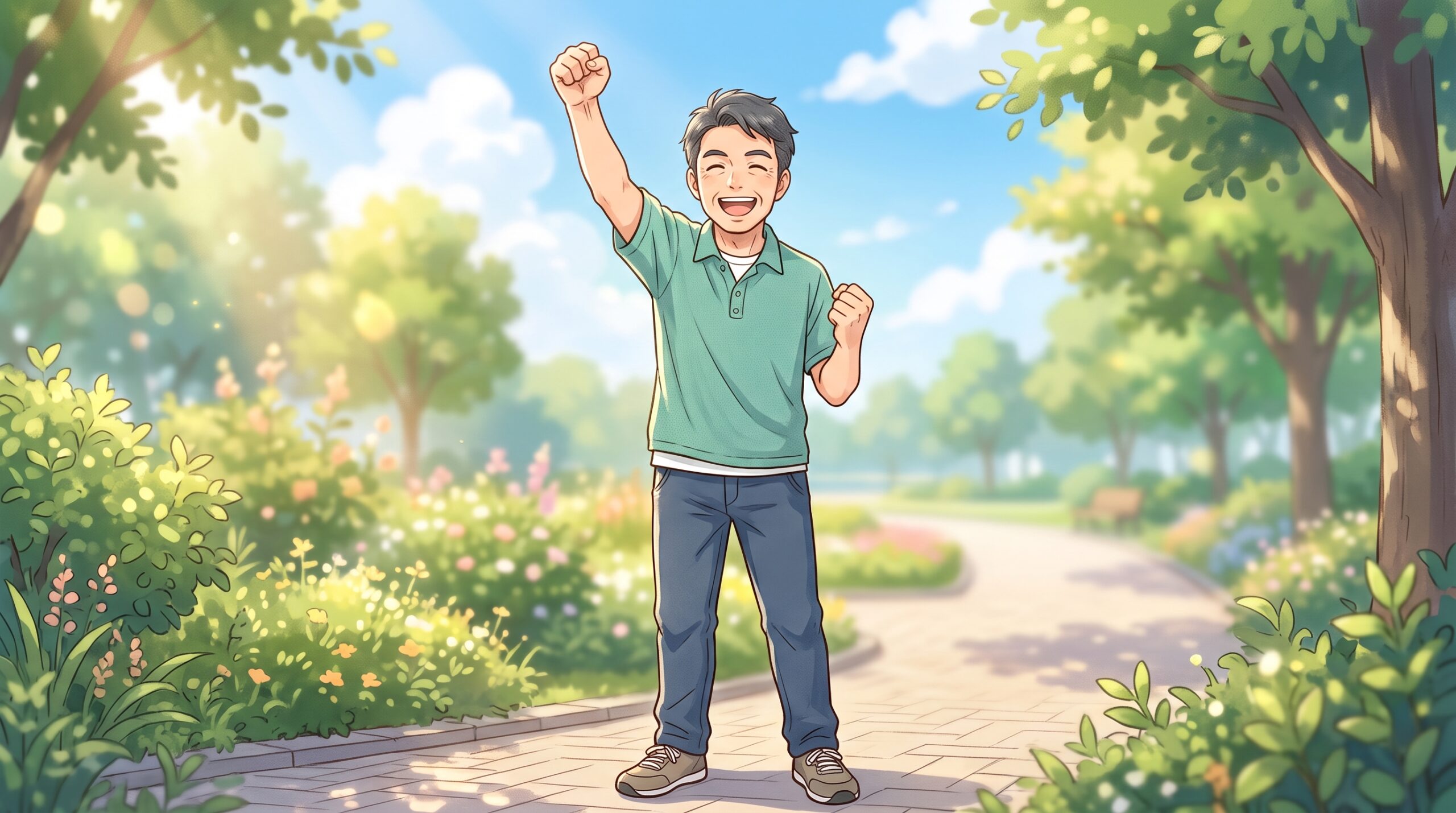 晴れやかな笑顔でガッツポーズする男性のイラスト