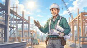 建設現場で明るく働く男性のイラスト