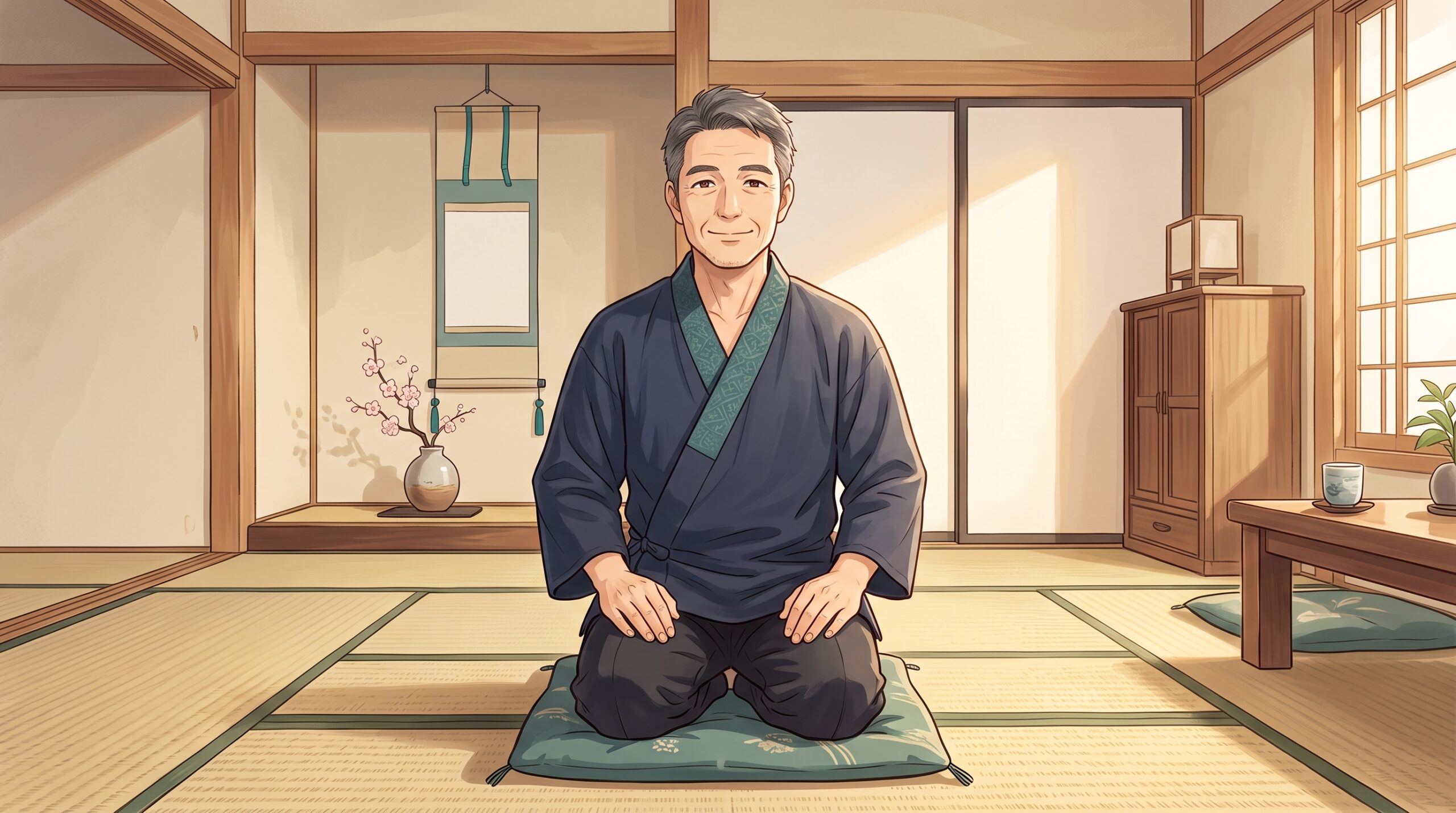 背すじを伸ばして楽に正座する男性のイラスト