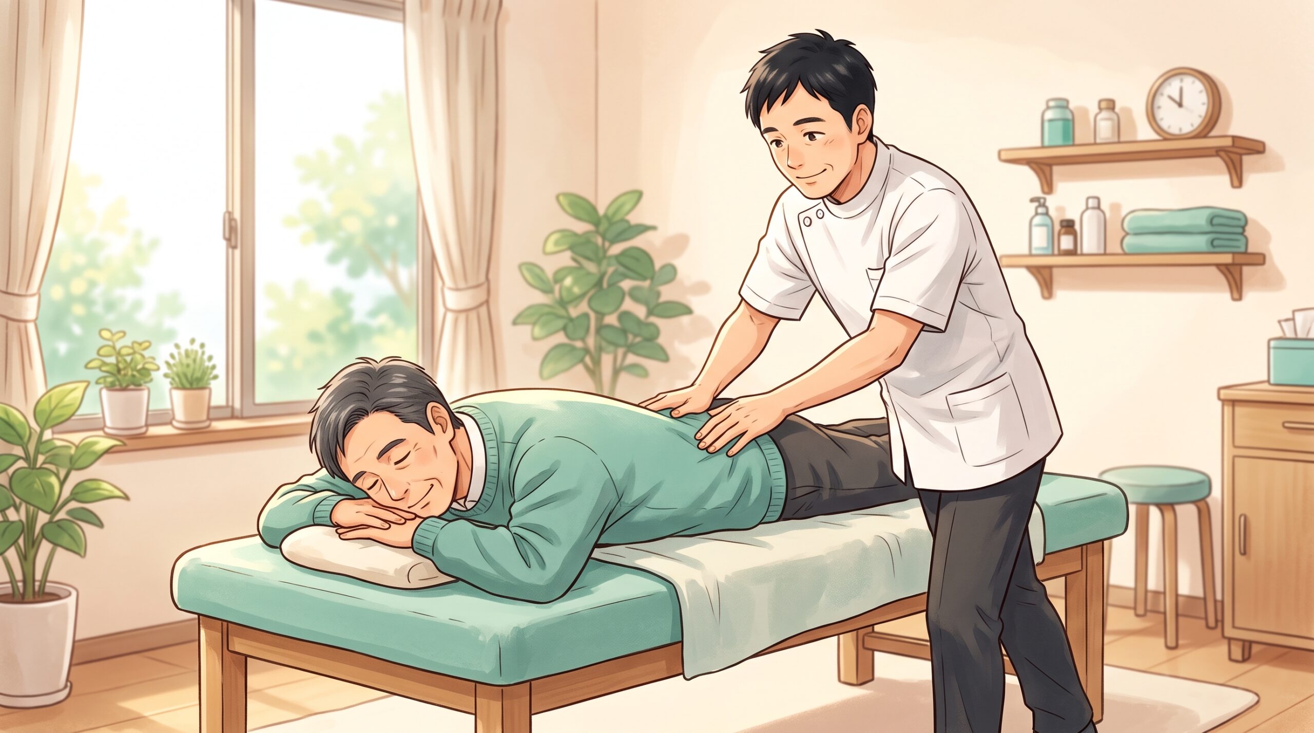 施術者が男性患者の背中をやさしく緩めているイラスト