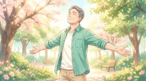 胸を開いて気持ちよく深呼吸する男性のイラスト