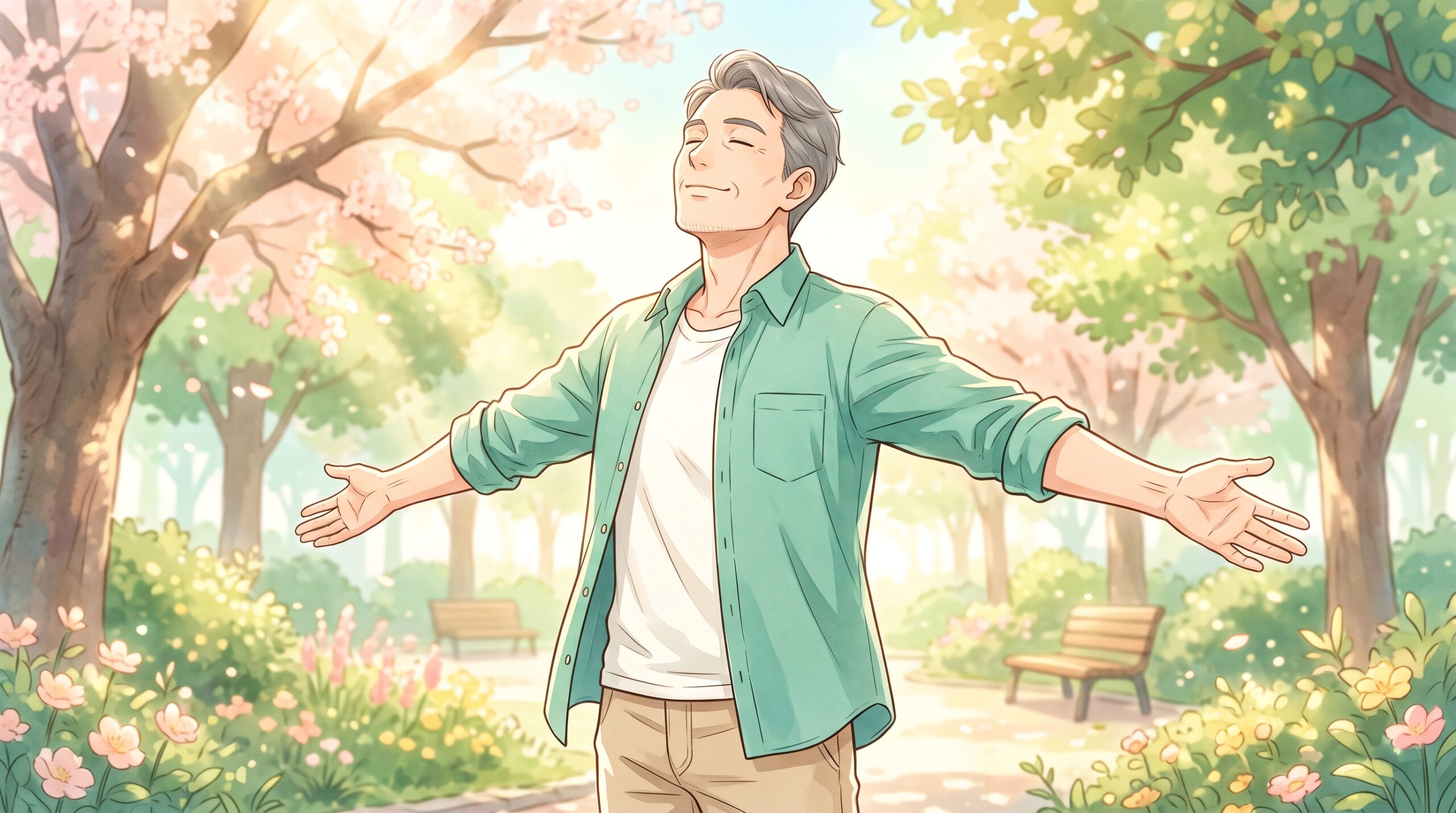 胸を開いて気持ちよく深呼吸する男性のイラスト