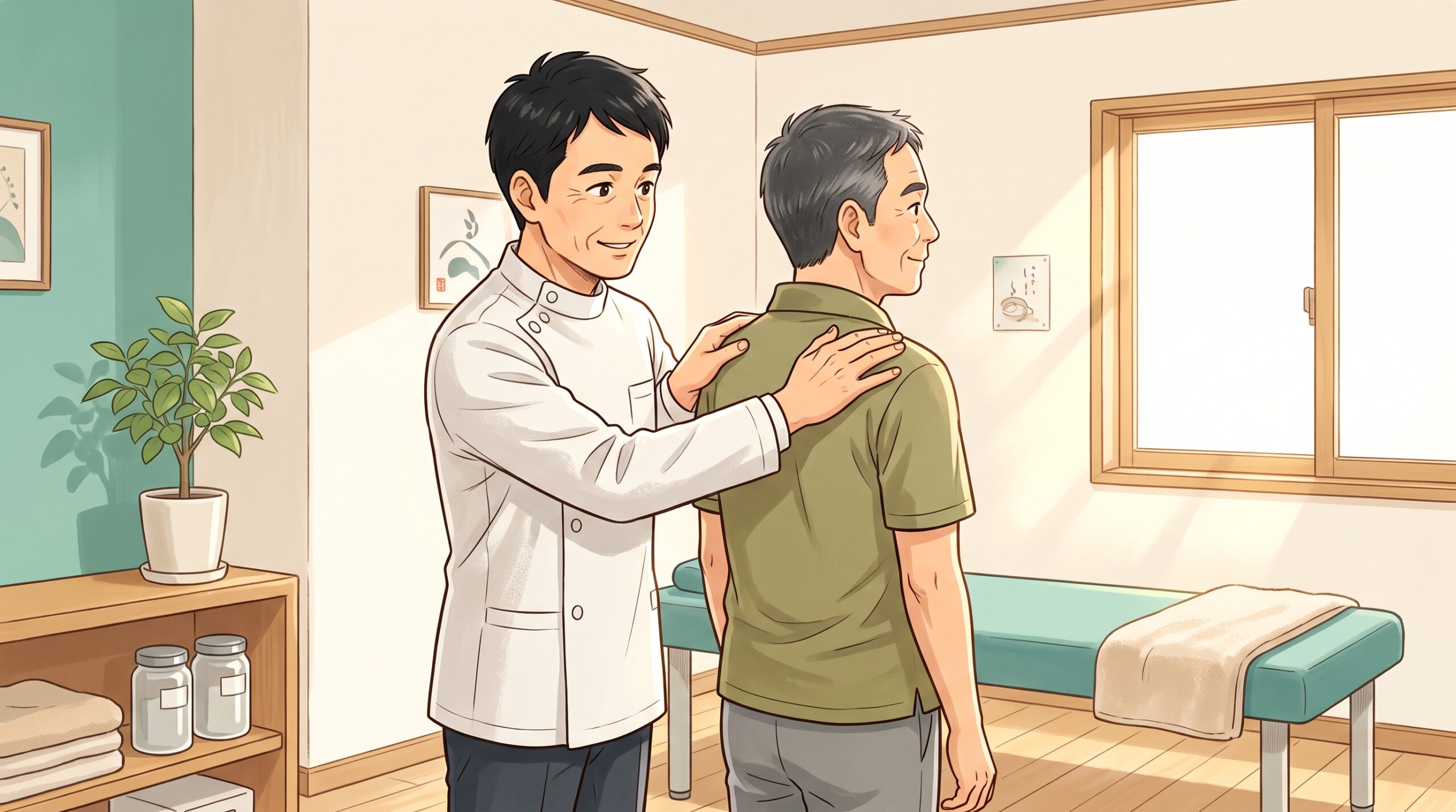 施術者が男性患者の姿勢の歪みを検査しているイラスト