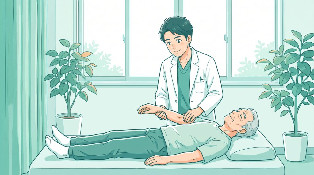 施術者が男性患者の腕の筋肉のやわらかさを確かめているイラスト