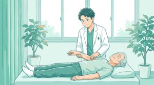 施術者が男性患者の腕の筋肉のやわらかさを確かめているイラスト