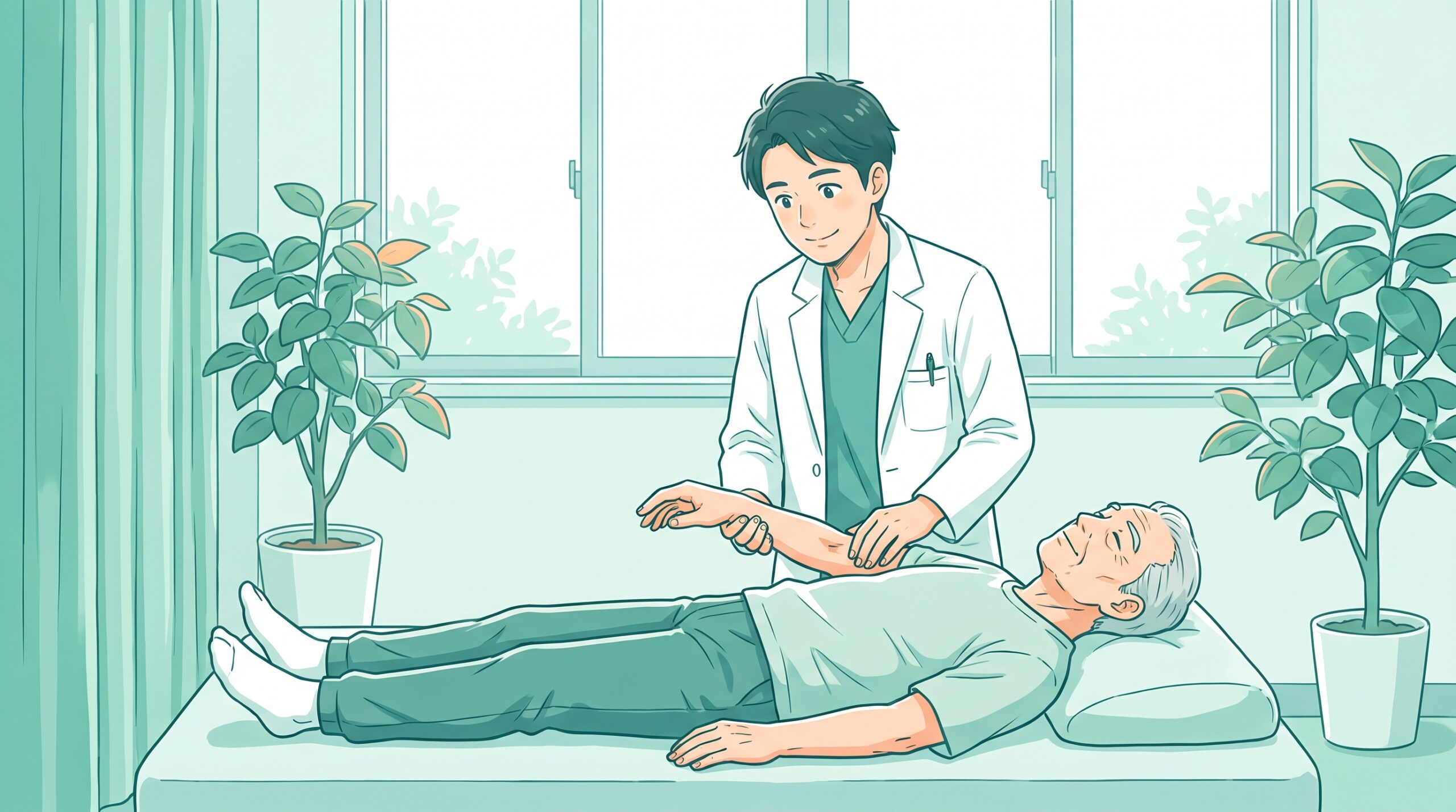 施術者が男性患者の腕の筋肉のやわらかさを確かめているイラスト