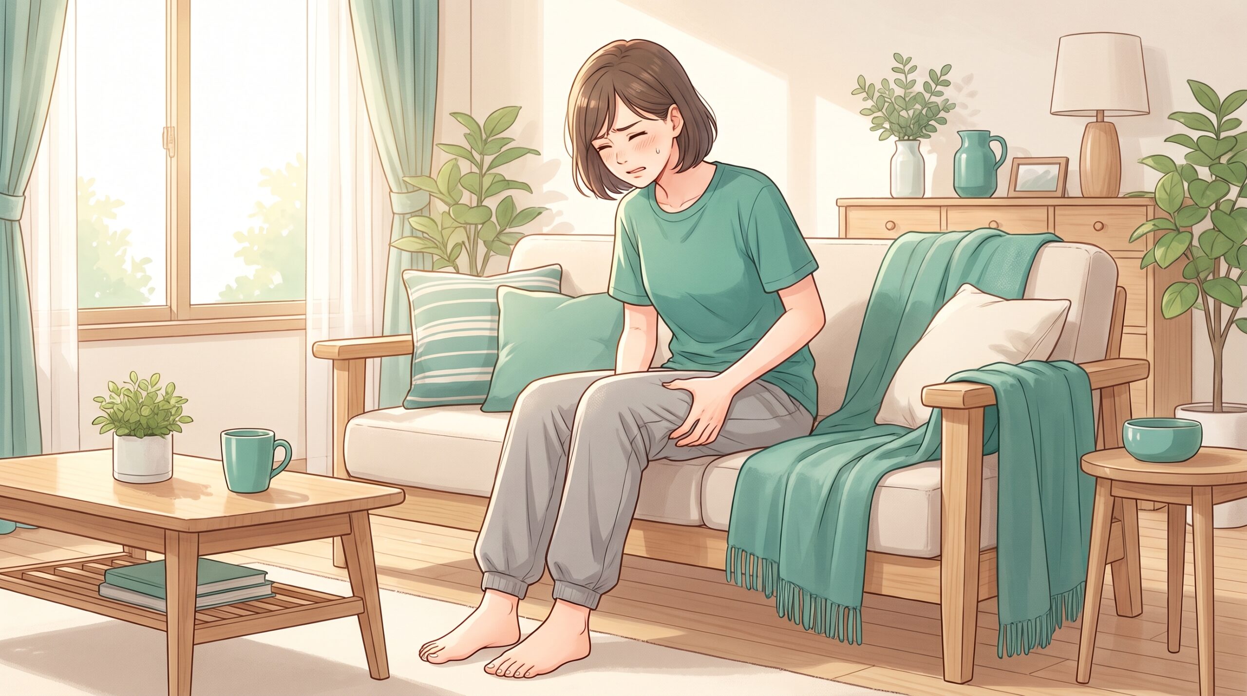 太ももを押さえて筋肉痛につらそうな女性のイラスト