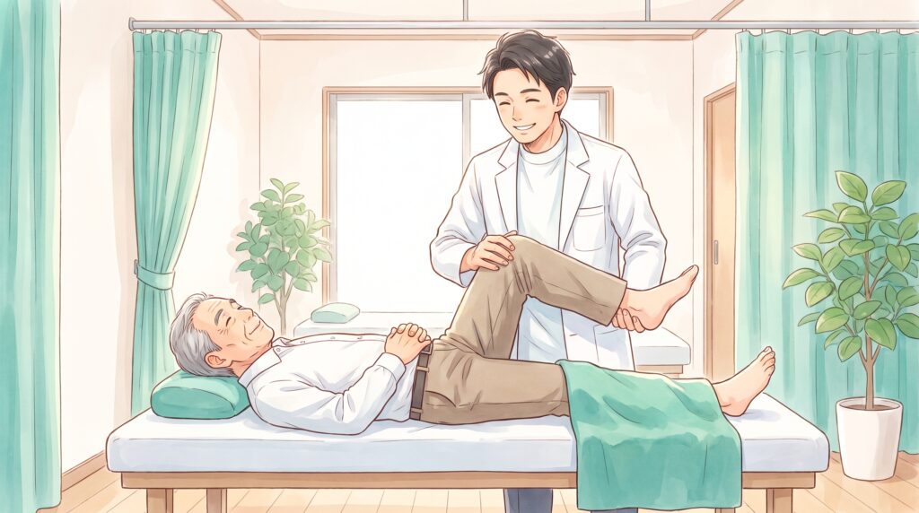 施術者が男性患者の股関節をやさしく動かしているイラスト