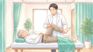 施術者が男性患者の股関節をやさしく動かしているイラスト