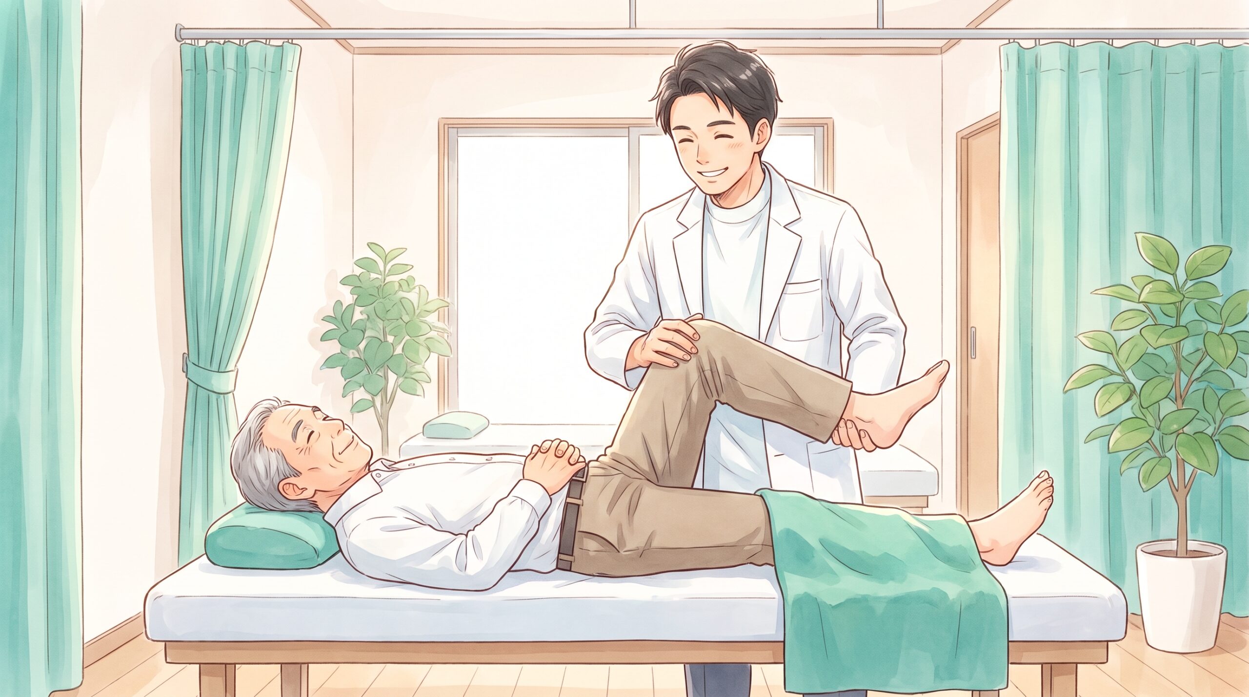 施術者が男性患者の股関節をやさしく動かしているイラスト