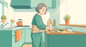 腰にサポーターベルトを巻いて台所でゆっくり家事をする女性のイラスト