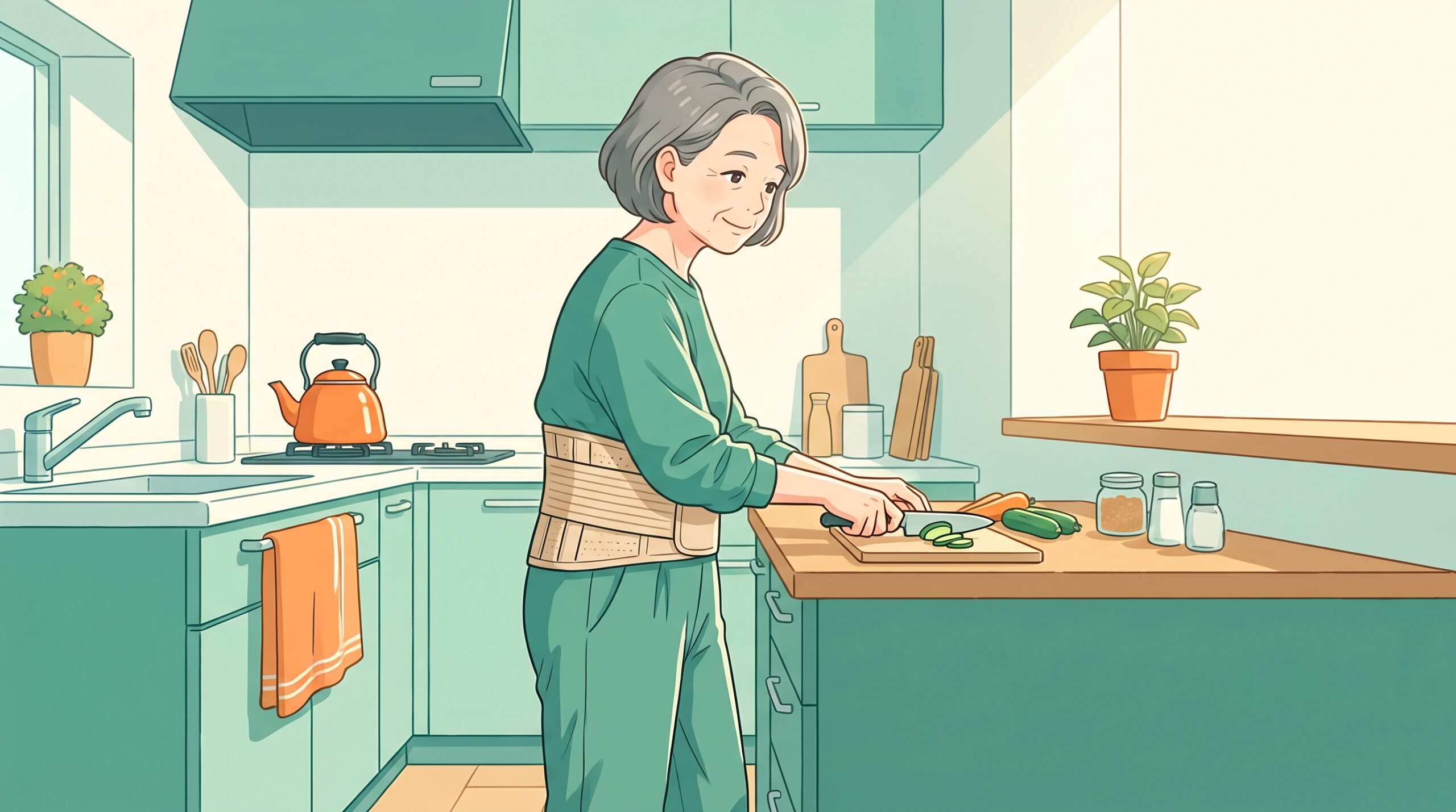 腰にサポーターベルトを巻いて台所でゆっくり家事をする女性のイラスト