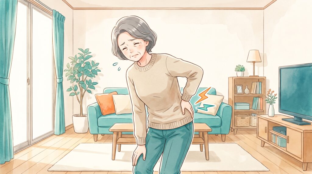 前かがみになった瞬間に腰に手を当てて痛みをこらえる女性のイラスト