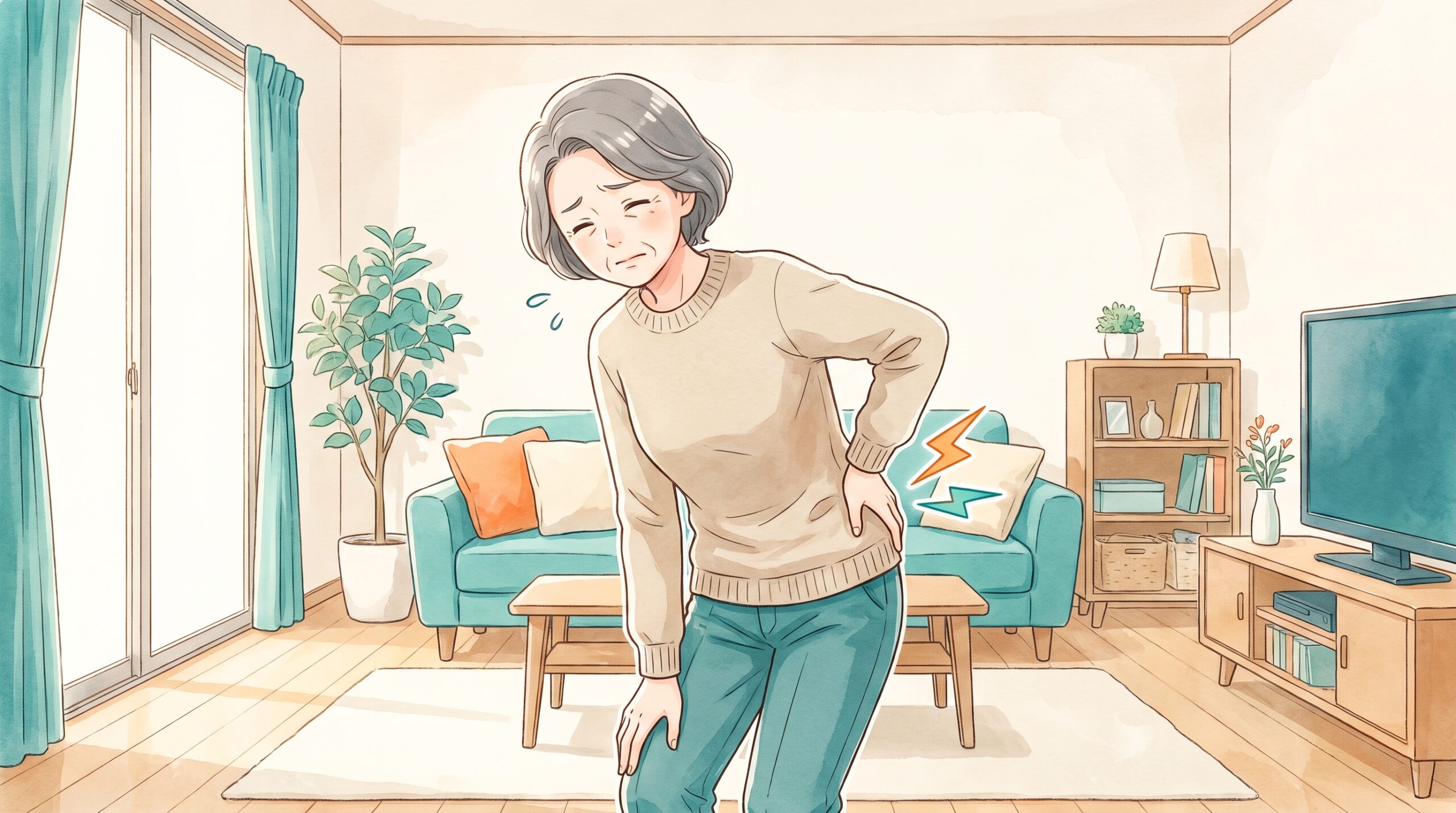 前かがみになった瞬間に腰に手を当てて痛みをこらえる女性のイラスト