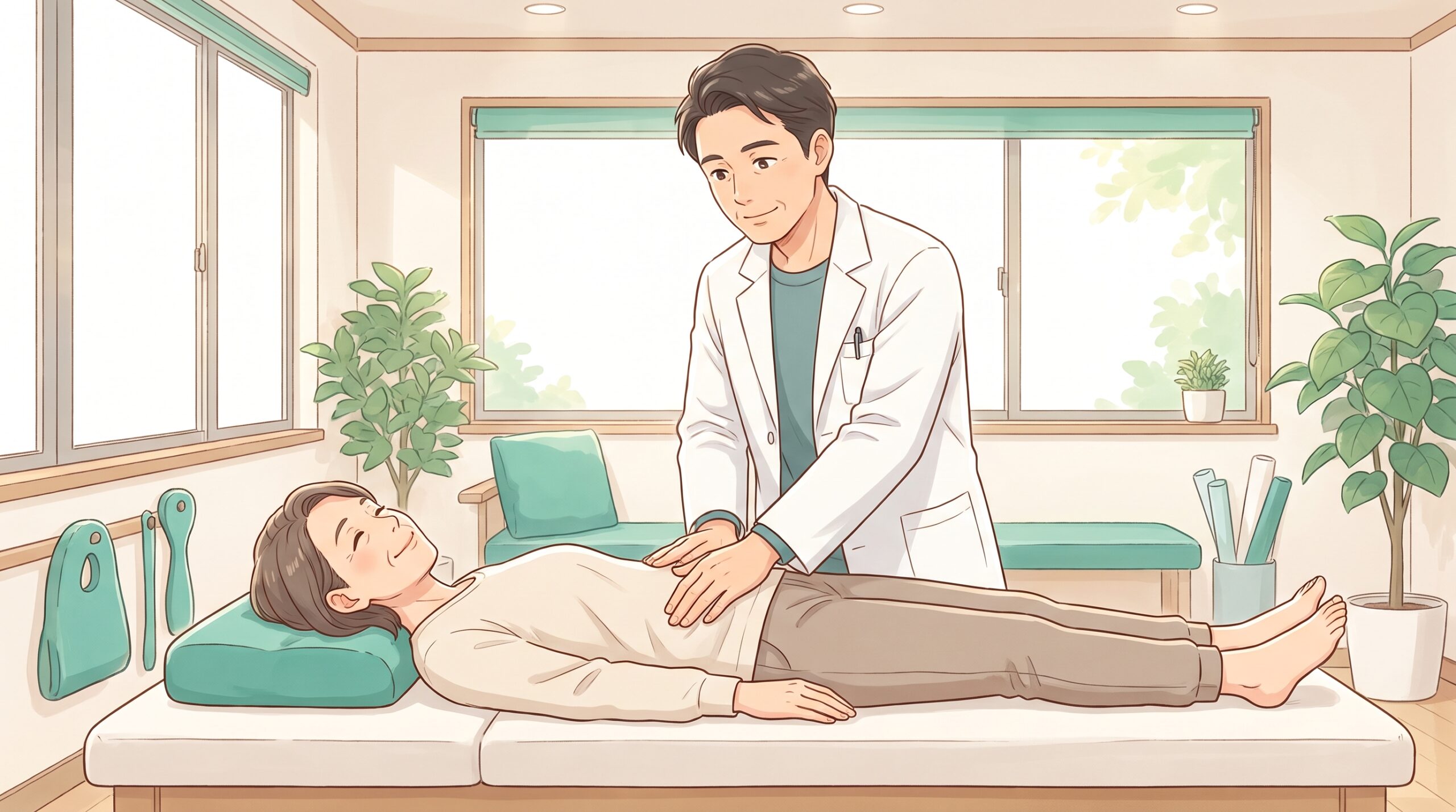 施術者があお向けの女性患者の腰の横に両手をそっと添えているイラスト