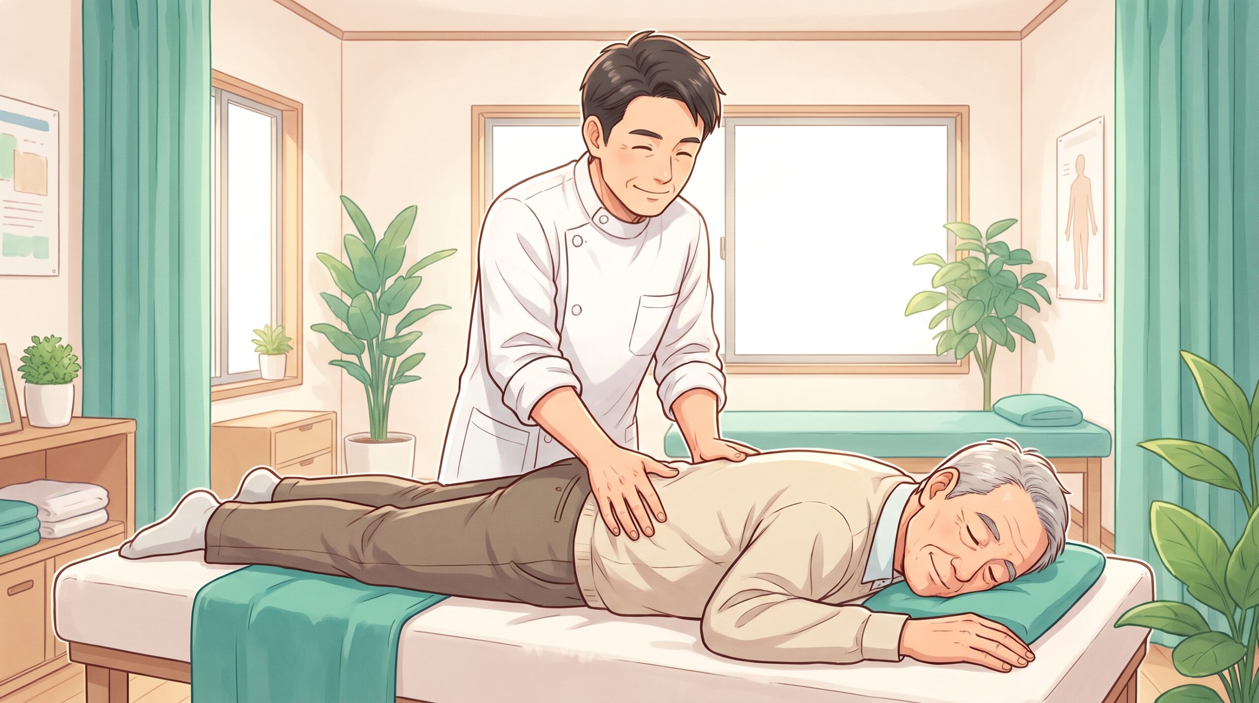 施術者がうつ伏せの男性患者の腰とお尻の境目に手を添えているイラスト