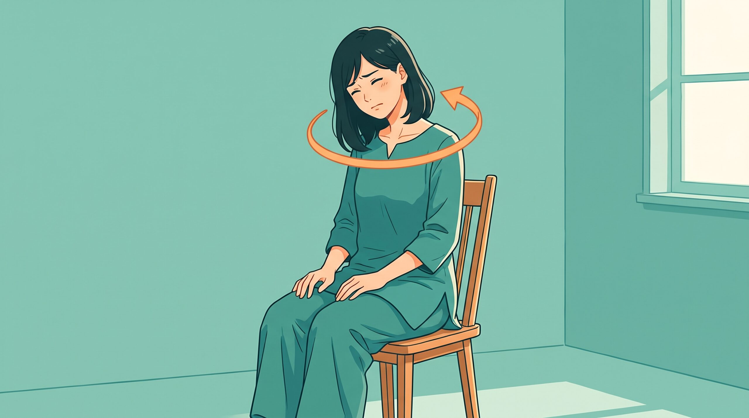椅子に座って首をぐるぐる回している女性のイラスト