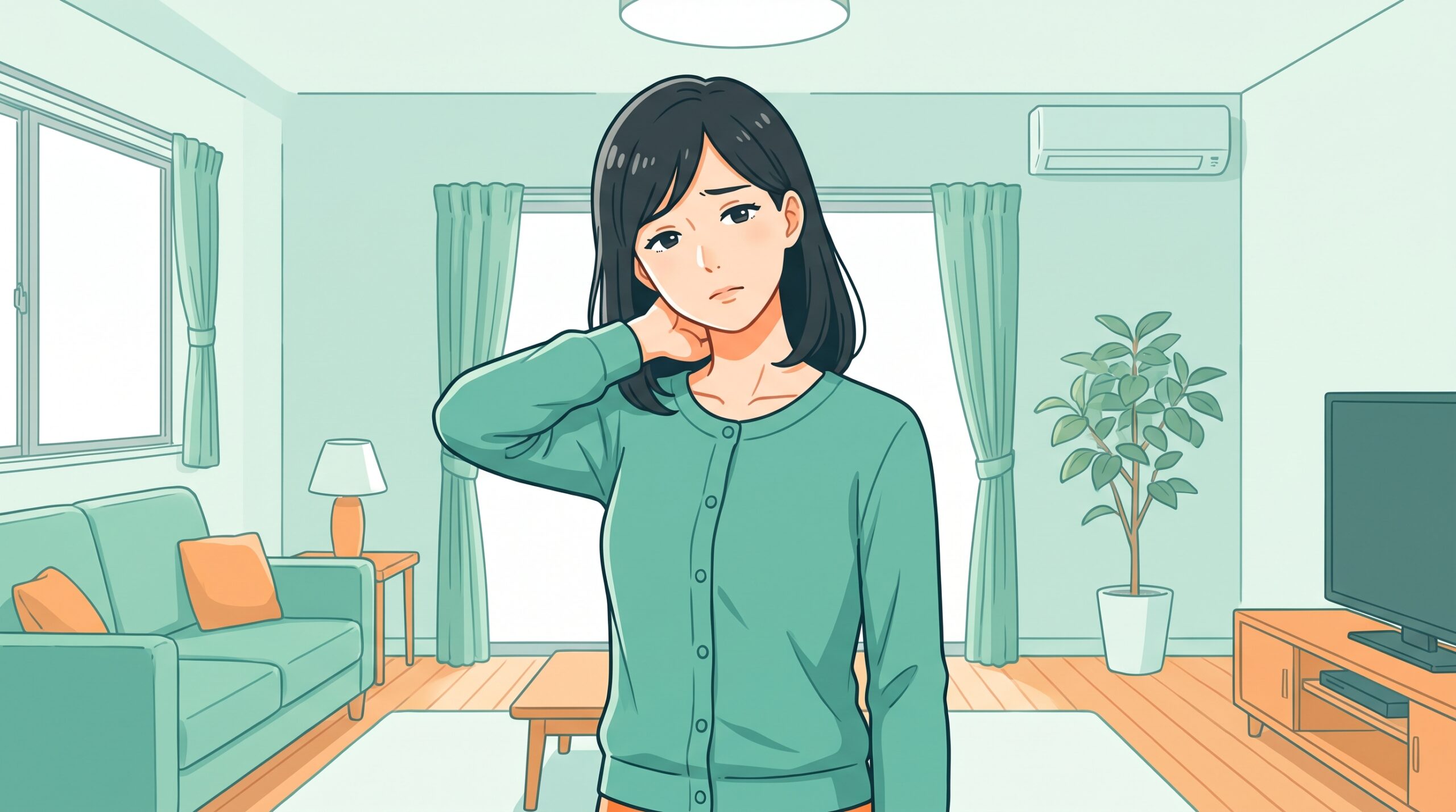 首の後ろに手を当てて、つらそうにしている女性のイラスト