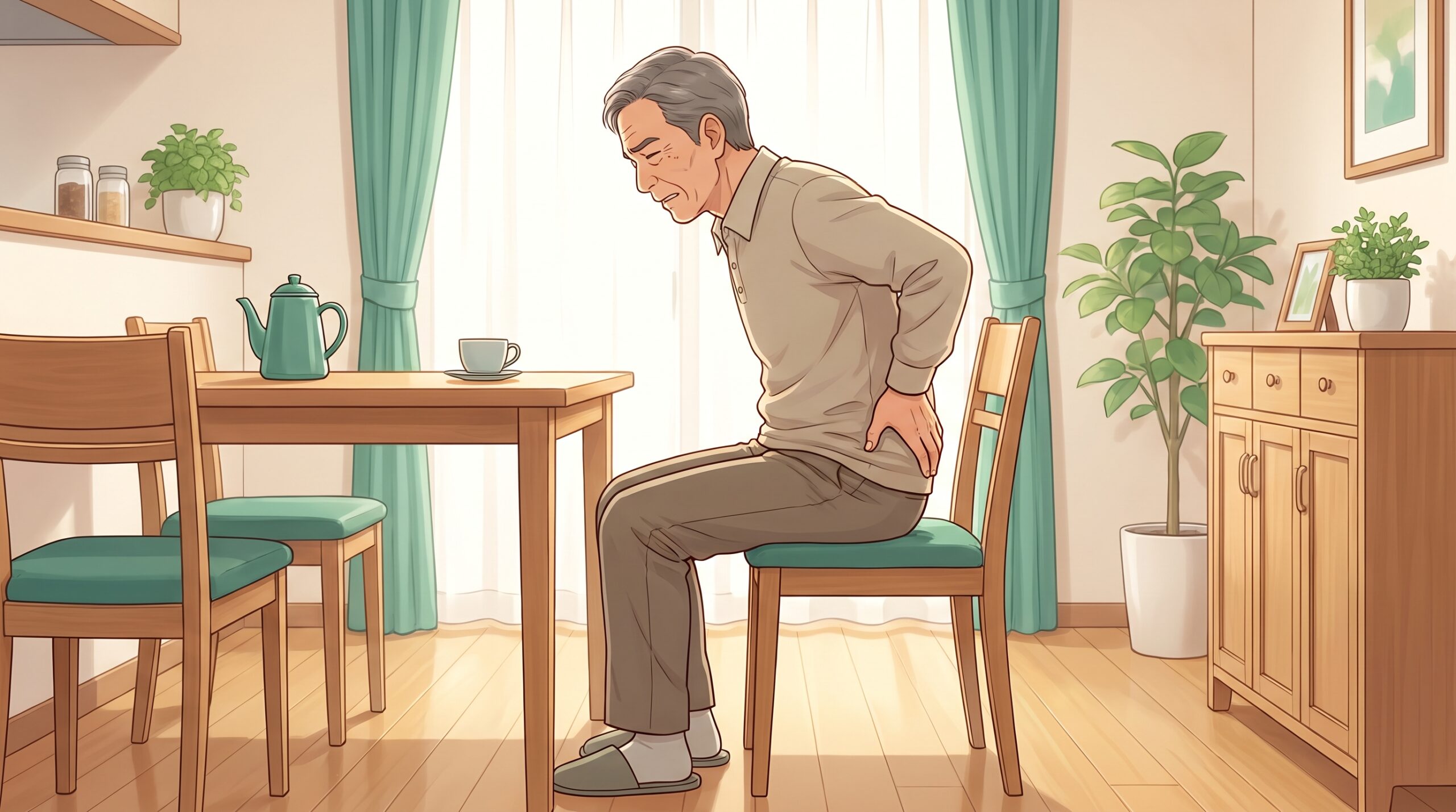 椅子で背中が丸くなり骨盤が後ろに倒れた姿勢で腰を押さえる男性のイラスト