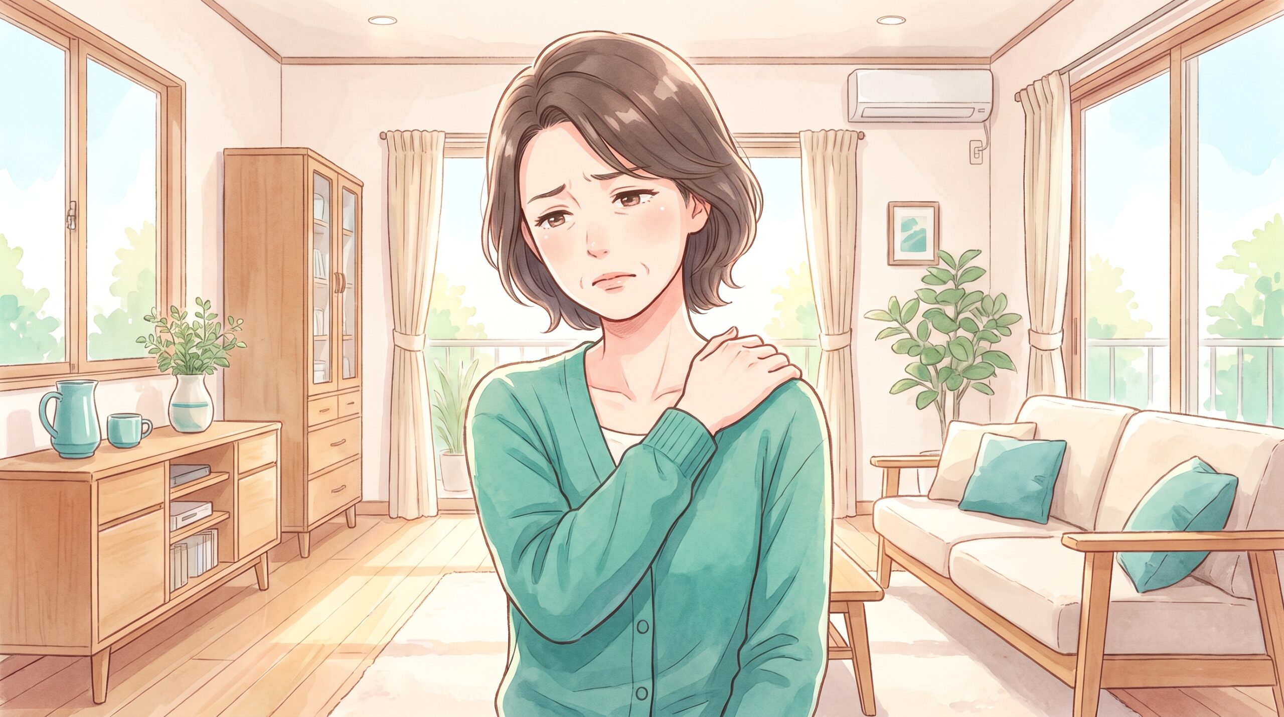 肩を押さえてがっかりしている女性のイラスト
