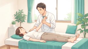 施術者が女性患者の右腕をそっと伸ばしているイラスト