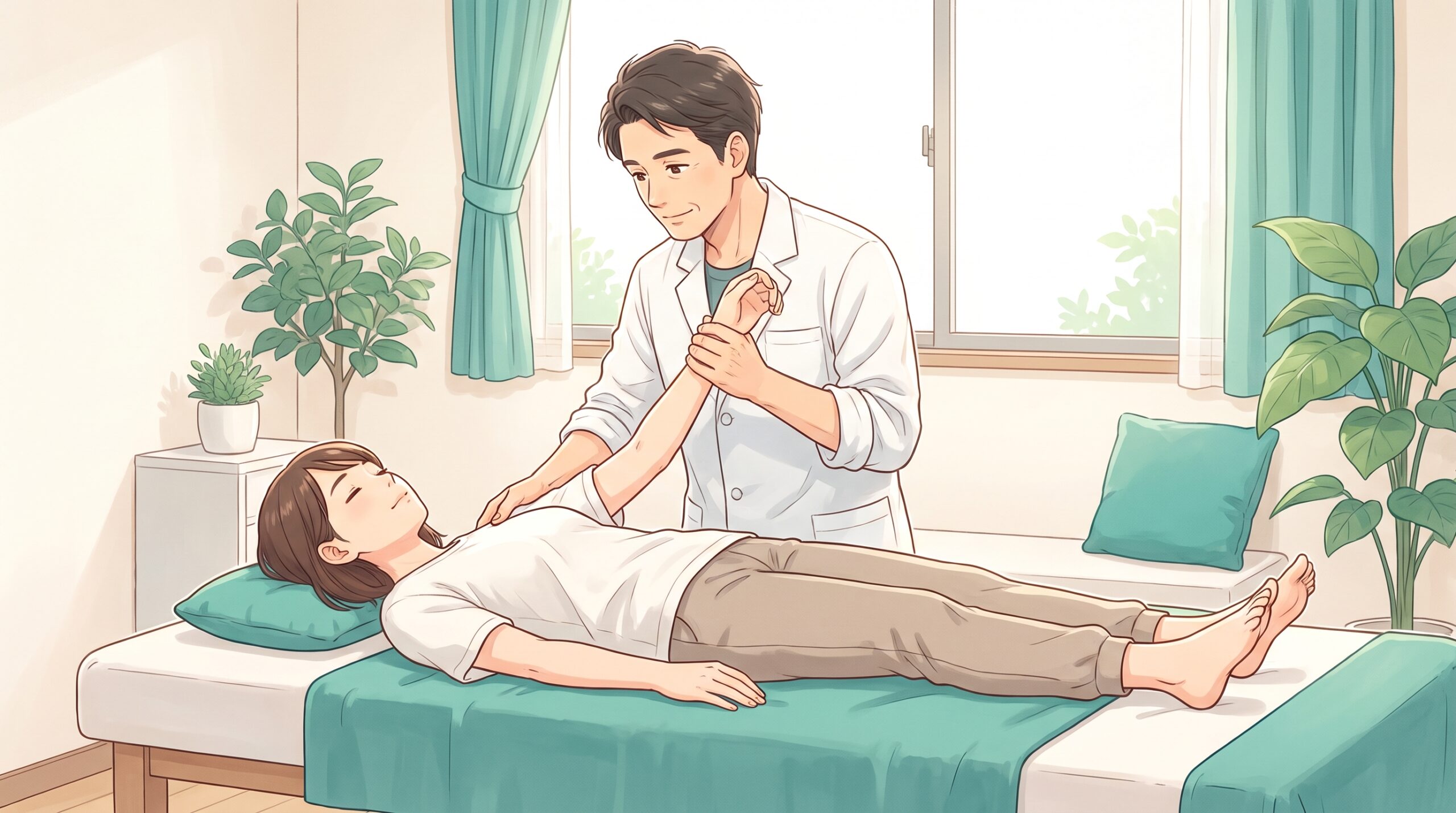 施術者が女性患者の右腕をそっと伸ばしているイラスト