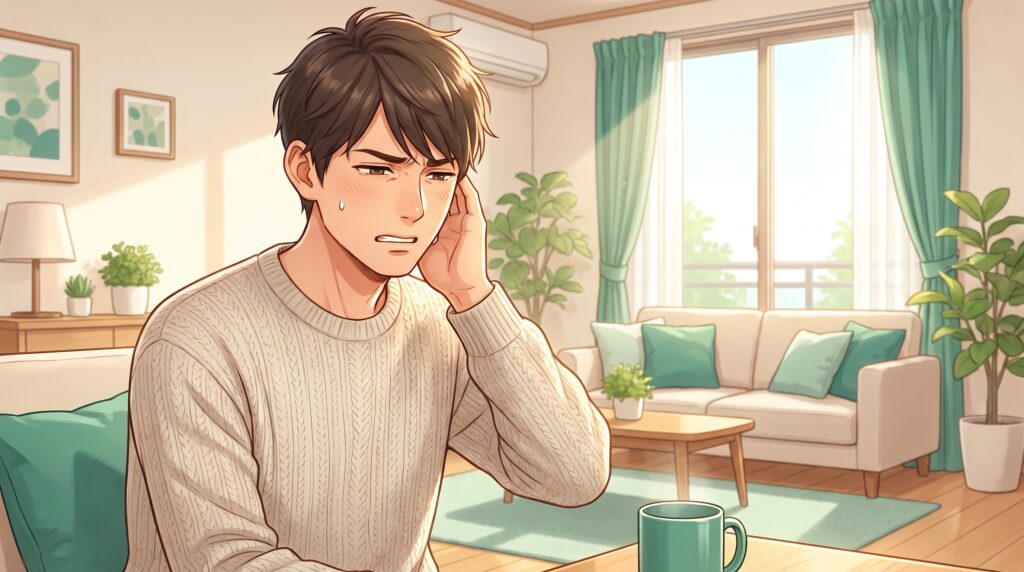 耳を押さえて耳鳴りに困っている男性のイラスト