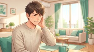 耳を押さえて耳鳴りに困っている男性のイラスト