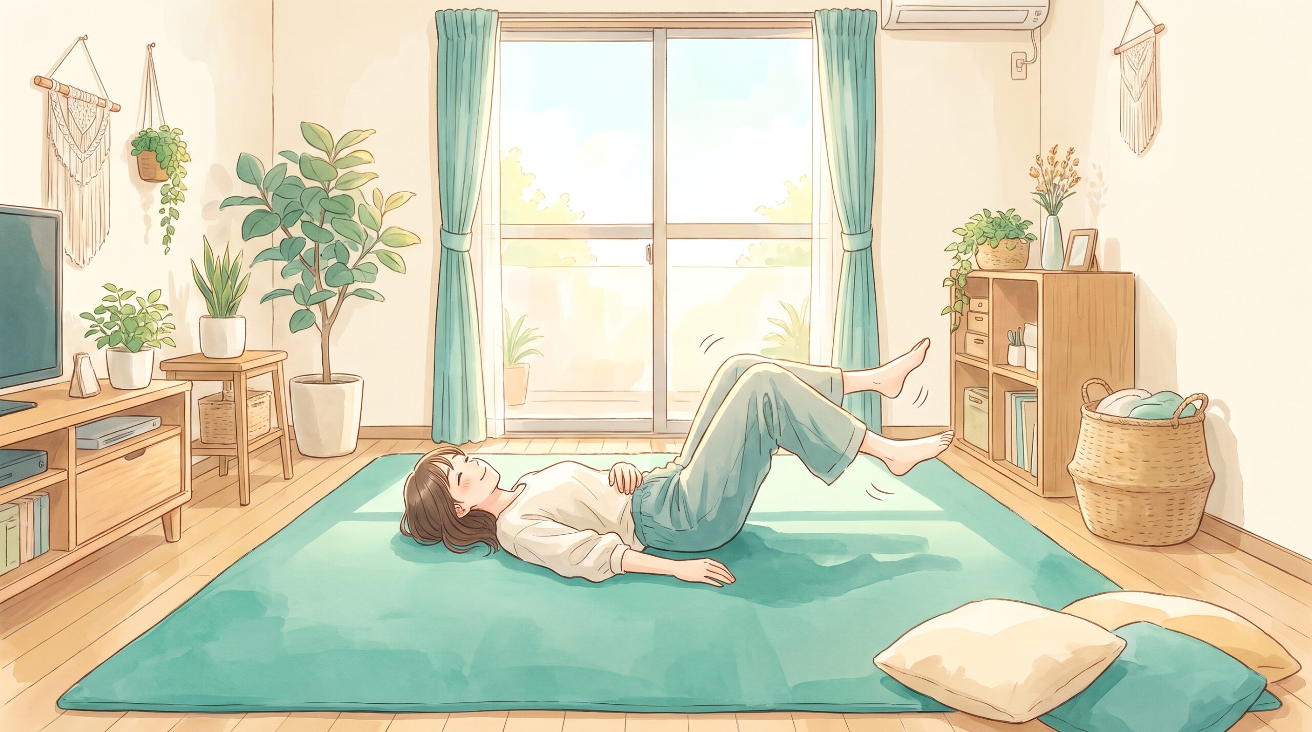 床で寝転がって足を軽くゆらしている女性のイラスト