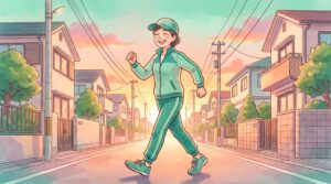 夕方の道を腕を大きく振って大股で歩く女性のイラスト