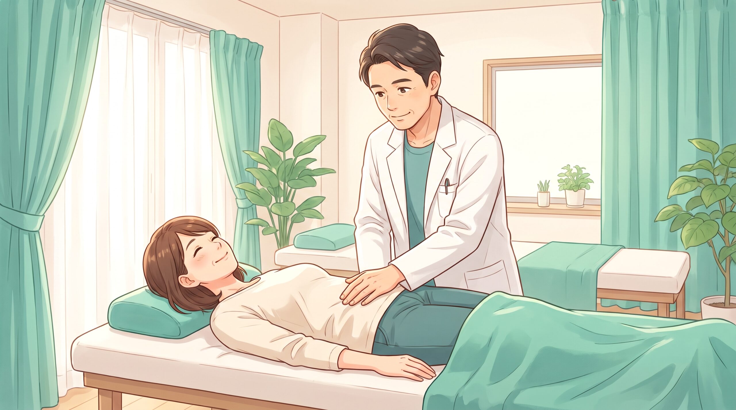 施術者が女性患者のお腹に軽く手を当てているイラスト