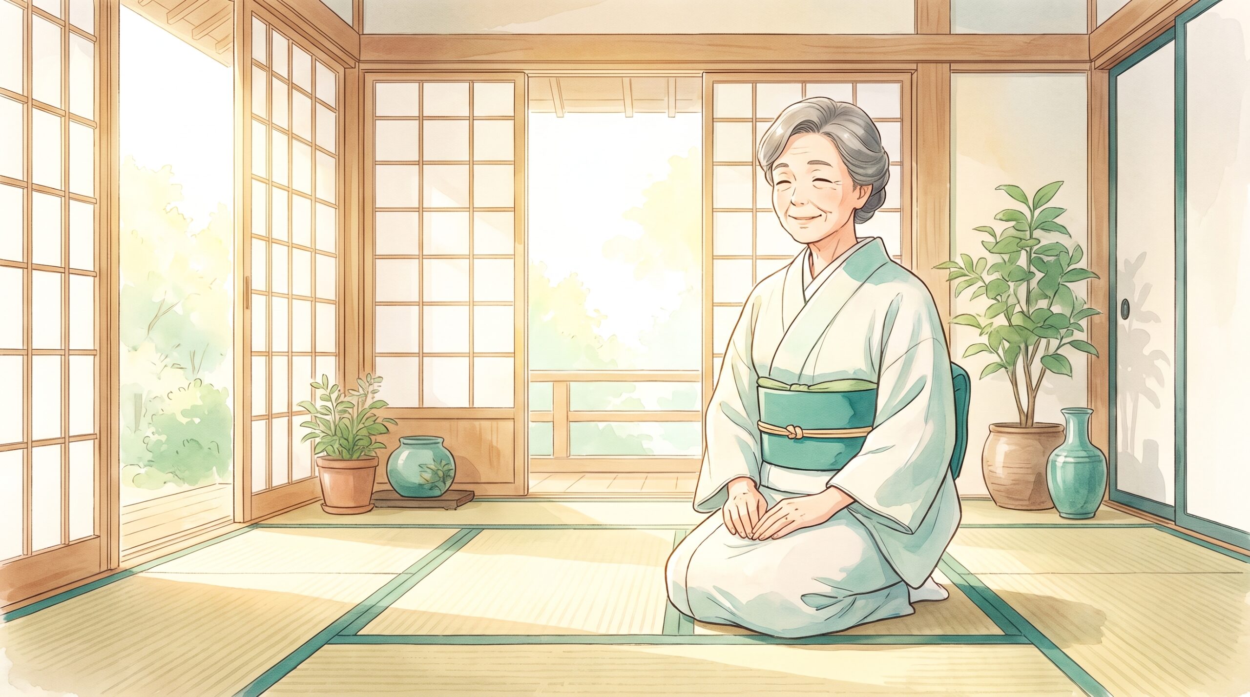 畳の上でゆっくり正座をしている女性のイラスト