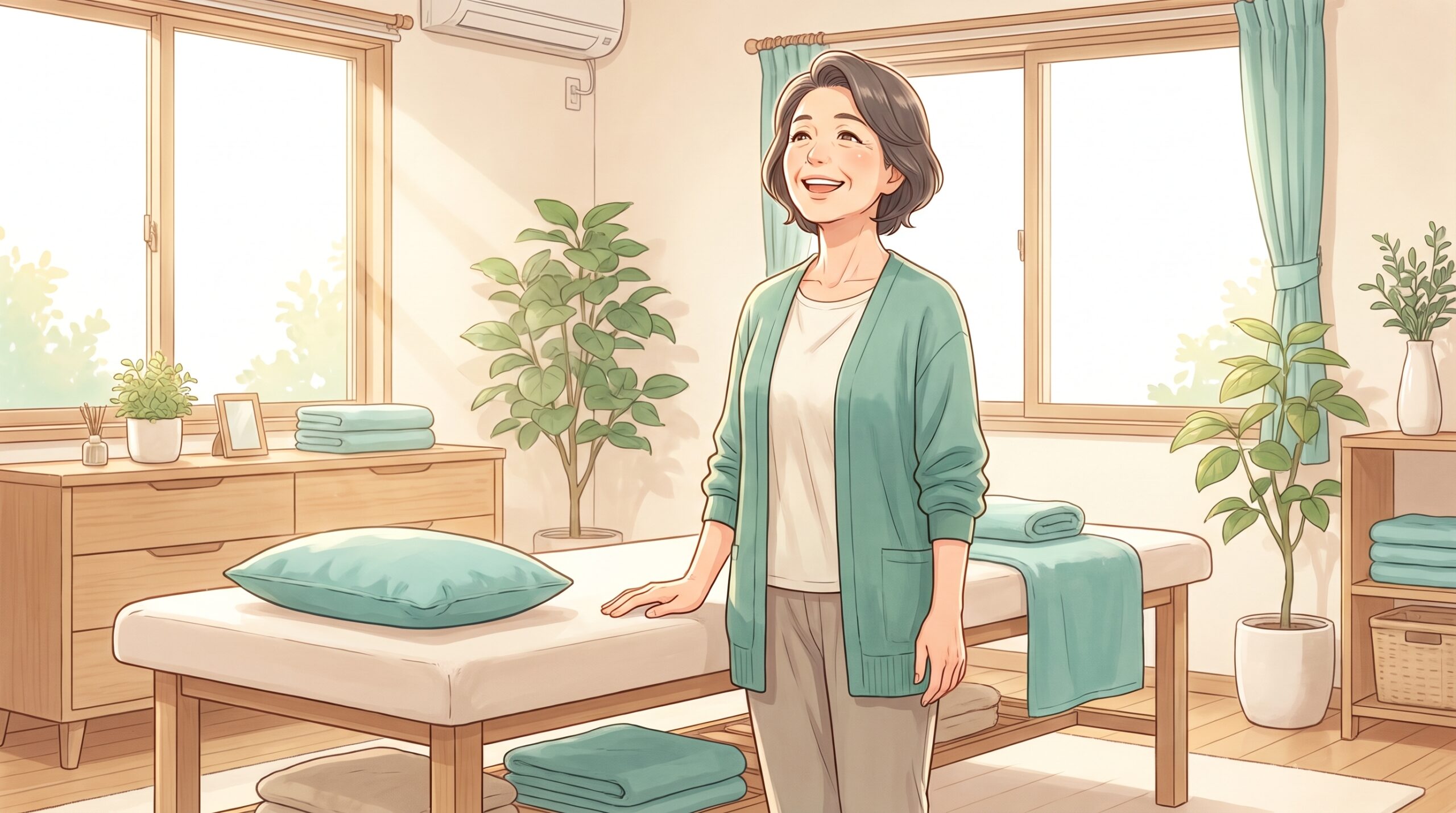 背中が自然に伸びて目線が上がり、晴れやかな表情で立つ女性のイラスト