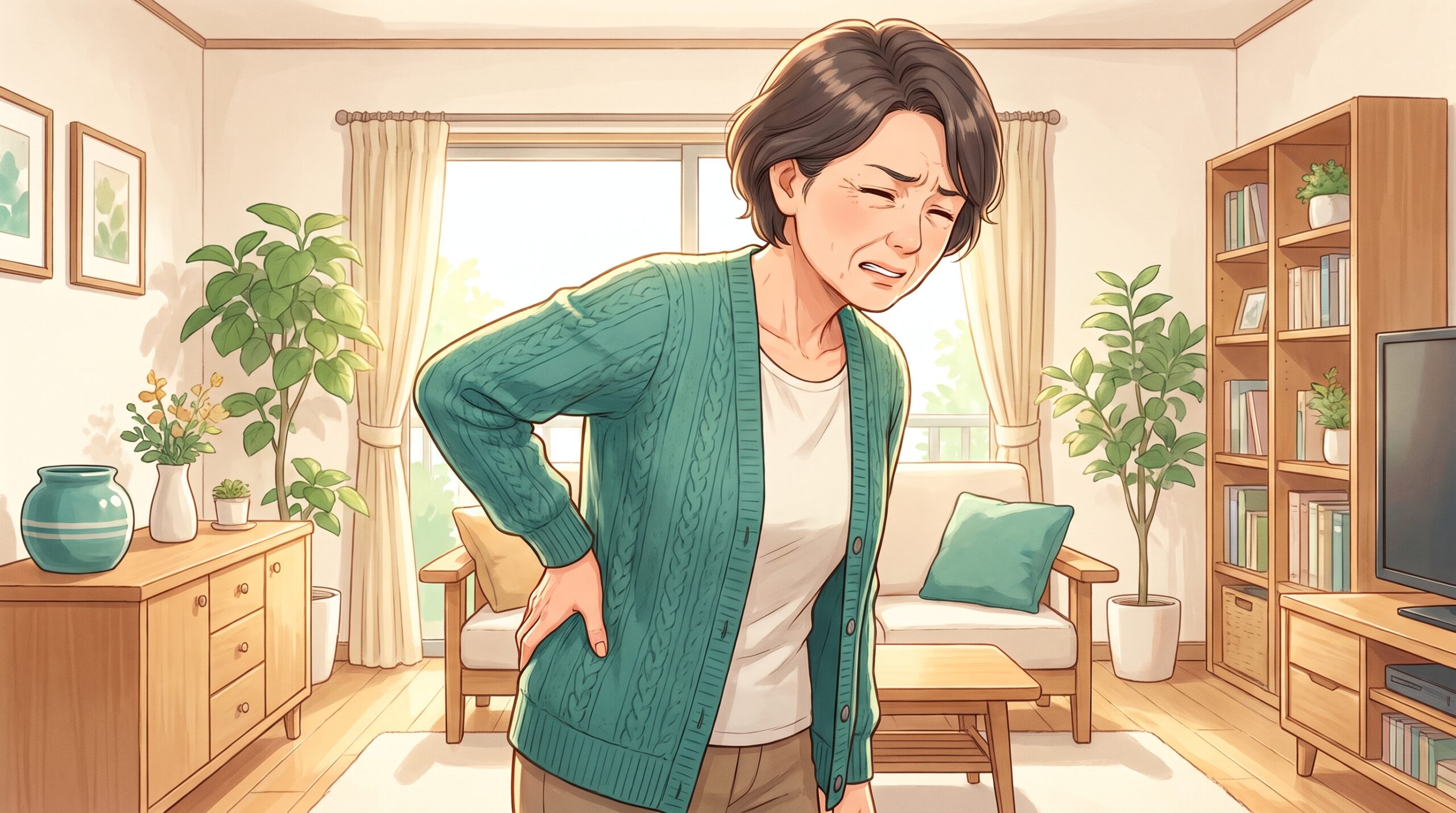 背中に手を回してつらそうな表情の女性のイラスト
