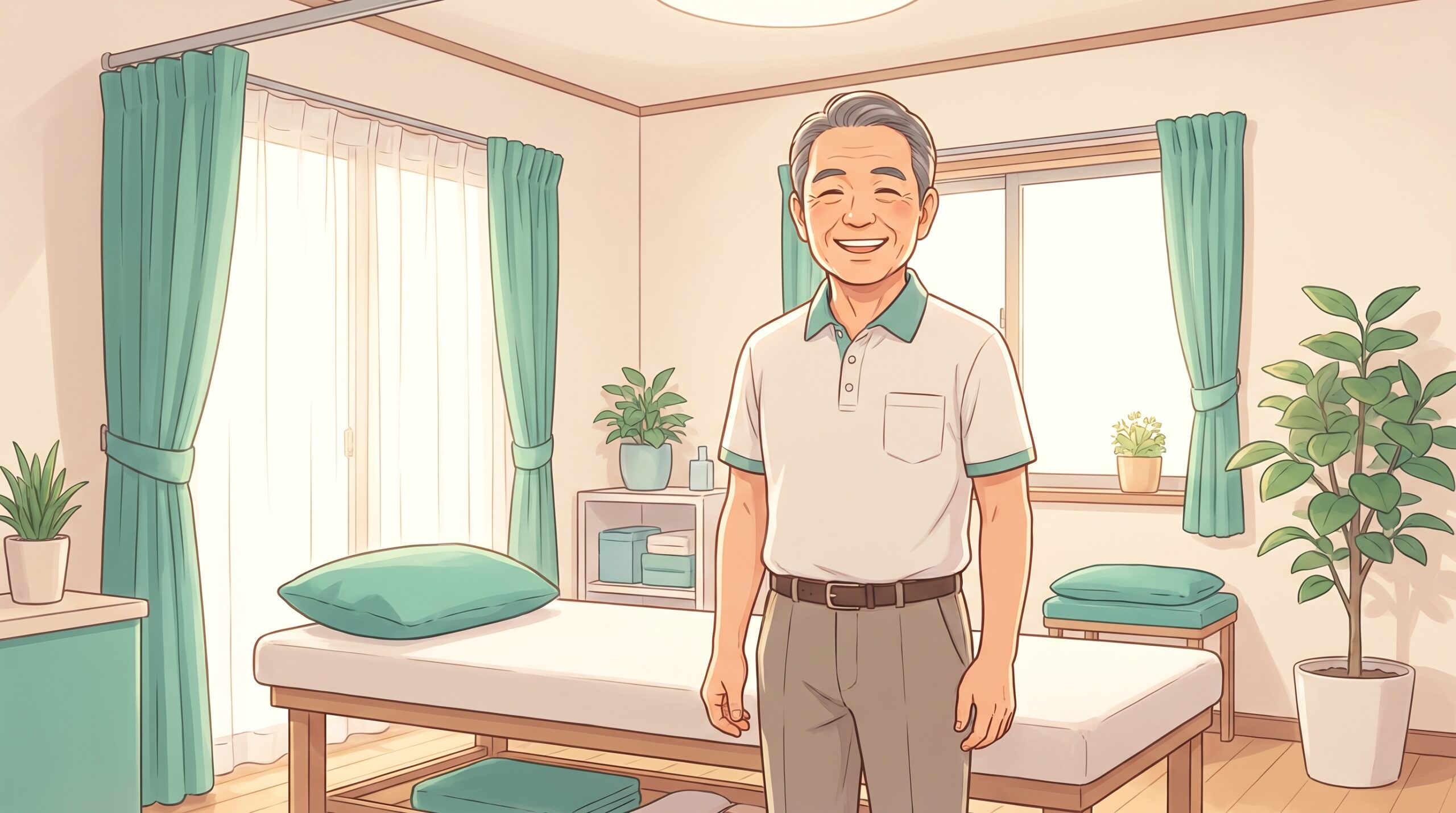 施術室で両足でしっかり立ち晴れやかな表情の男性のイラスト