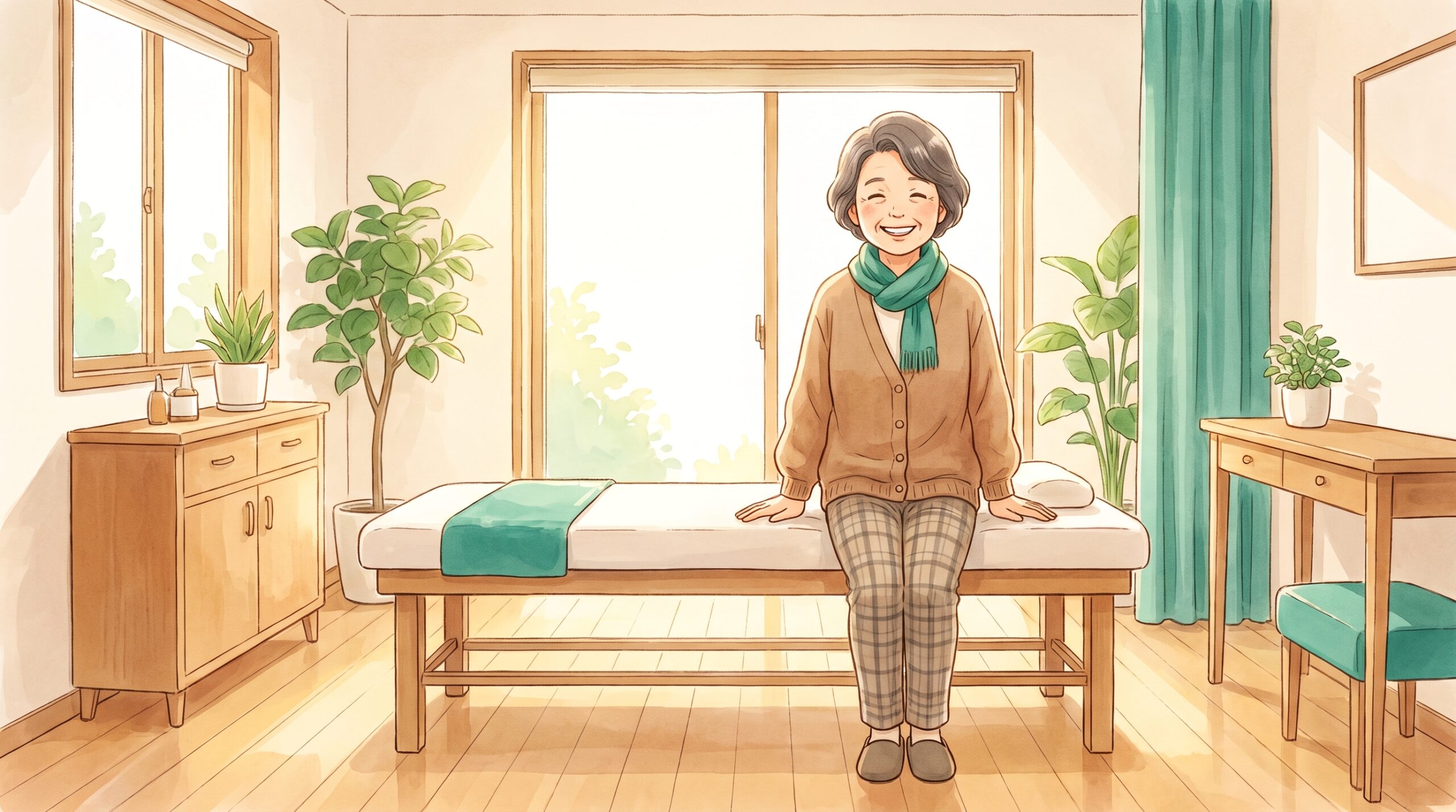両足でしっかり床を踏みしめて笑顔で立つ女性のイラスト