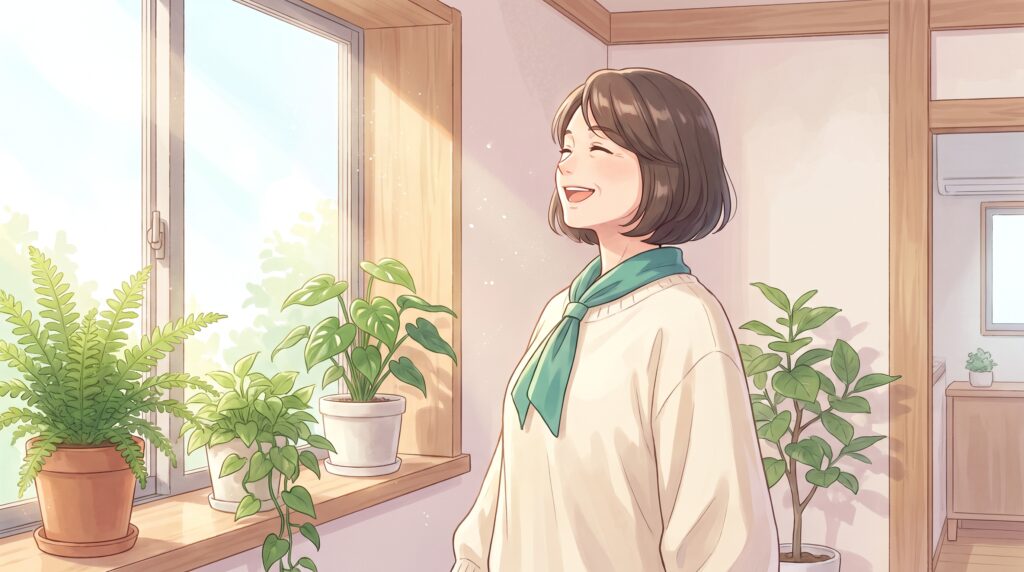 窓辺で胸を大きく開いて深呼吸する女性のイラスト