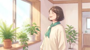 窓辺で胸を大きく開いて深呼吸する女性のイラスト