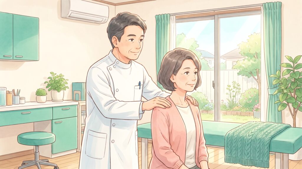 施術者が立っている女性患者の肩の高さを確かめているイラスト