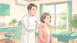 施術者が立っている女性患者の肩の高さを確かめているイラスト